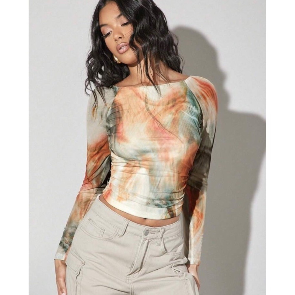 SHEIN Women Printed Twist Knot Backless Long Sleeve Cropped Top Size S Colorful